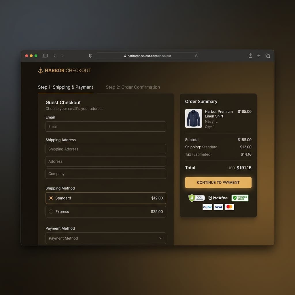 Harbor Checkout concept — streamlined ecommerce checkout and order-status web UI