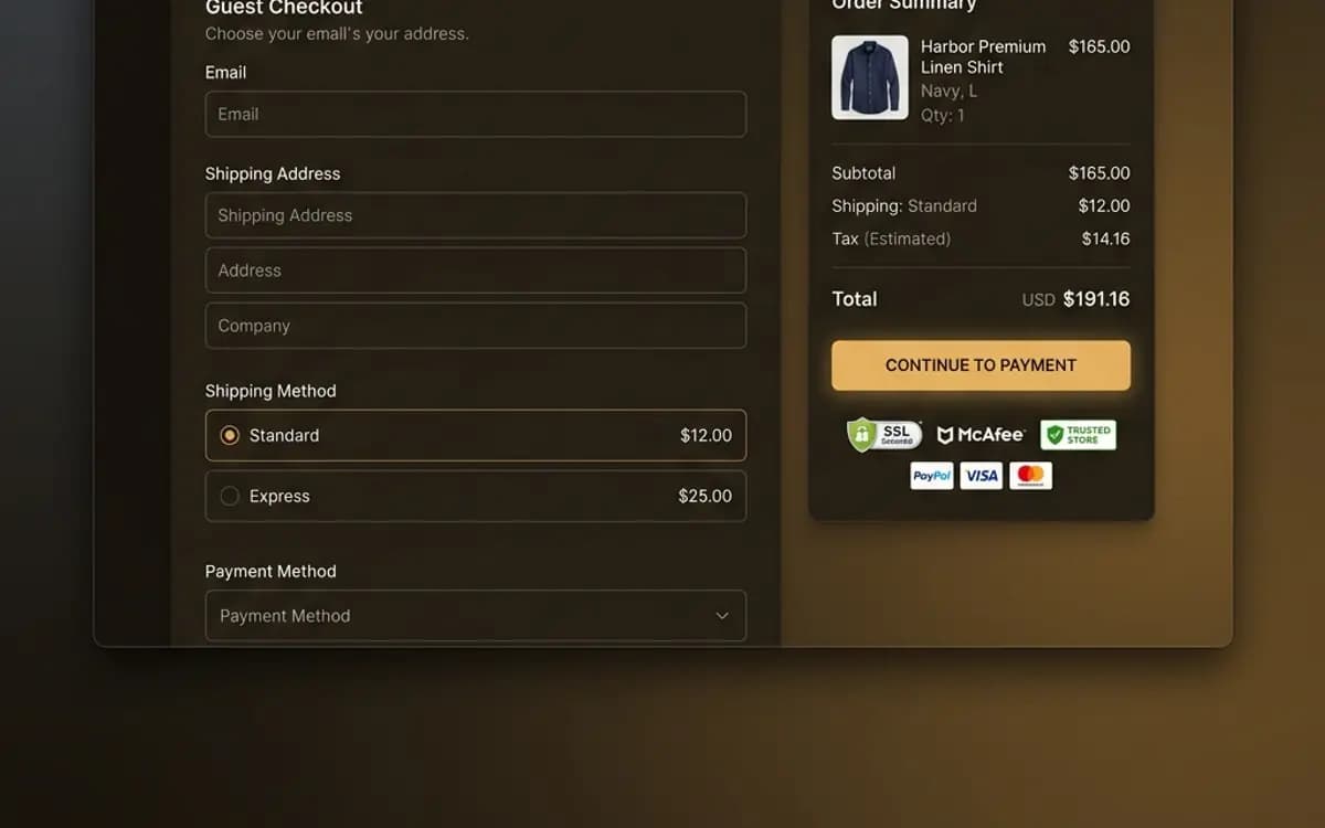 Harbor Checkout concept — streamlined ecommerce checkout and order-status web UI