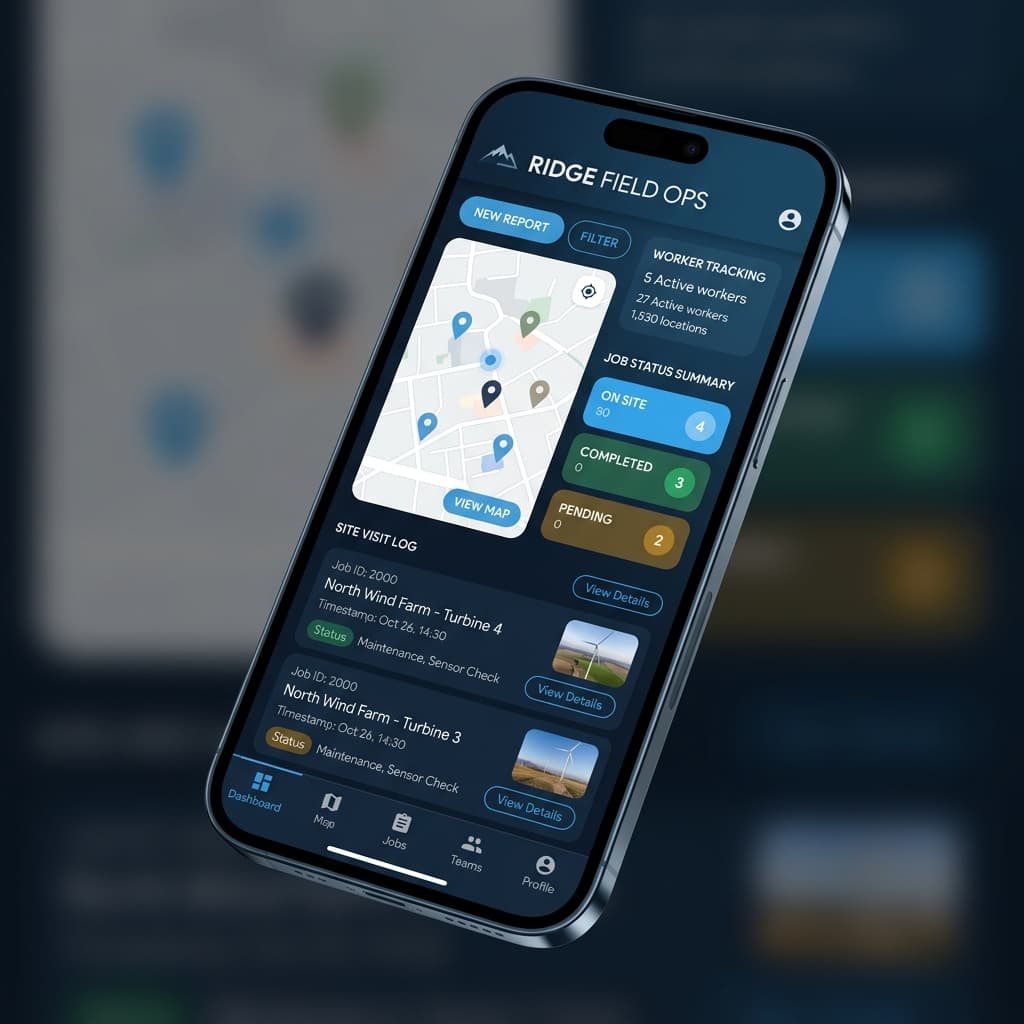 Ridge Field Ops concept — Flutter field-ops app UI for site visits, photos, and status logging
